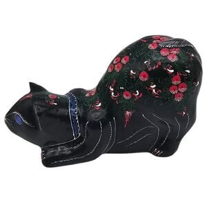Vintage 1990s Thai Lacquered Mango Wood Hand Painted Cat Stretching Black Floral